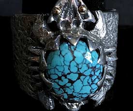 Tufa Cast Sterling Silver Turquoise Ring by Philander Begay